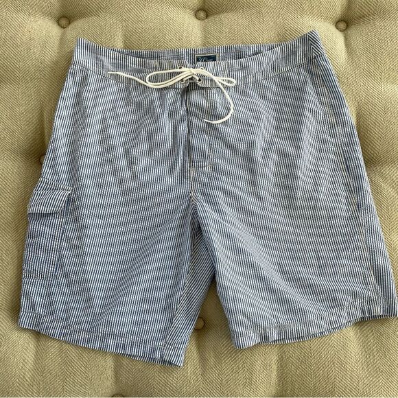 J Crew Blue Seersucker Stripe Long Board Short Swim Trunks Lined 33 - Picture 1 of 10